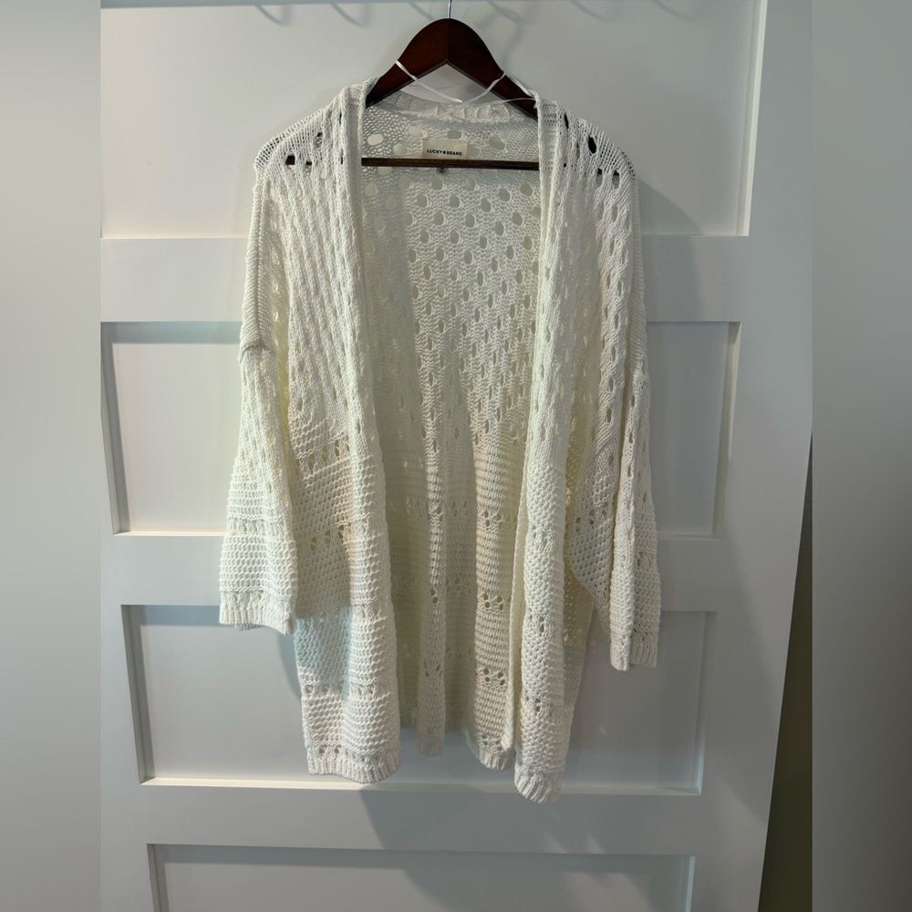 Lucky Brand chunky boho White Cardigan Sweater with Cable Knit Design